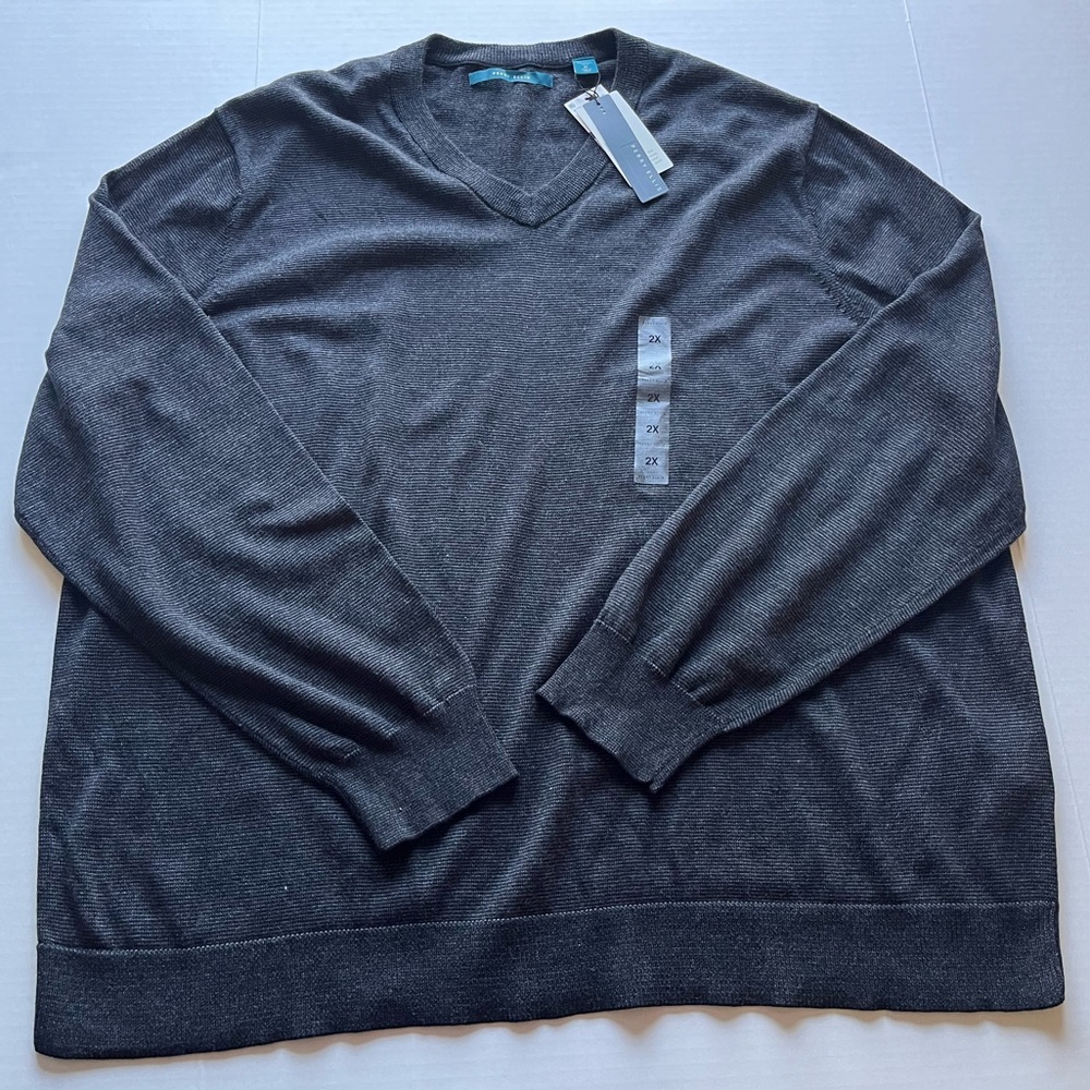 Perry Ellis Men's Black Knit  V-Neck Pullover Long Sleeve Sweater 2X